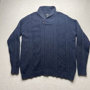 Nordstrom Lambswool Wool Fisherman Sweater Men XL Blue Knit Wool Shawl Neck